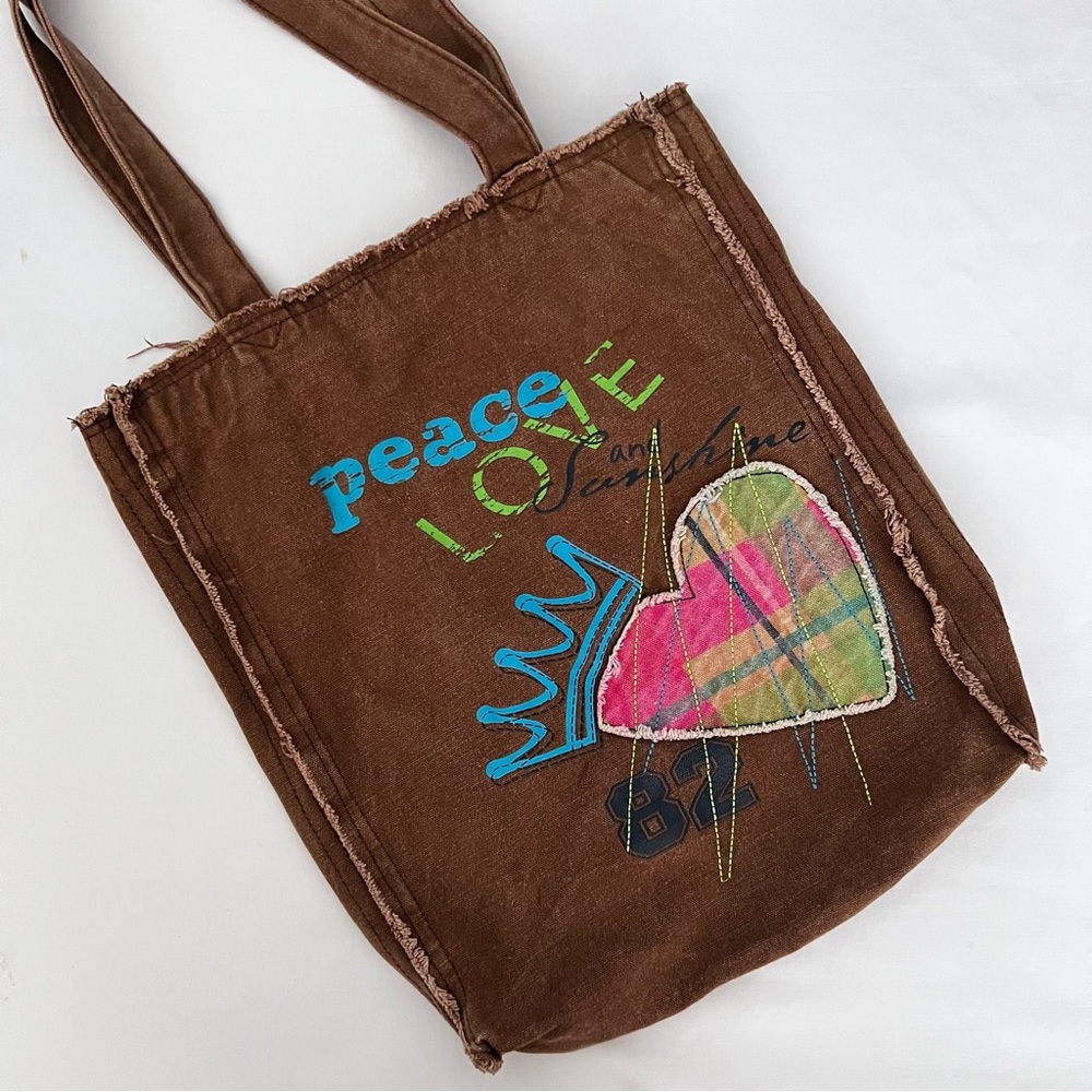 Brown canvas tote with peace love and sunshine design
